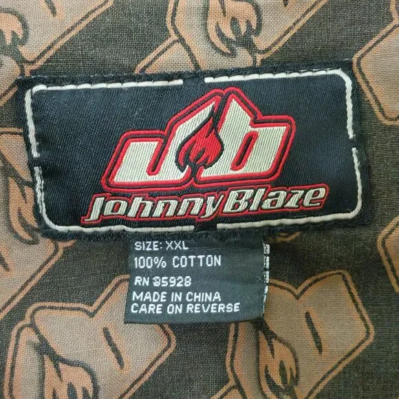 Johnny Blaze Y2K Mens Denim Jacket Brown Red Stitches Cotton Button-Up Logo 2XL - Picture 8 of 9